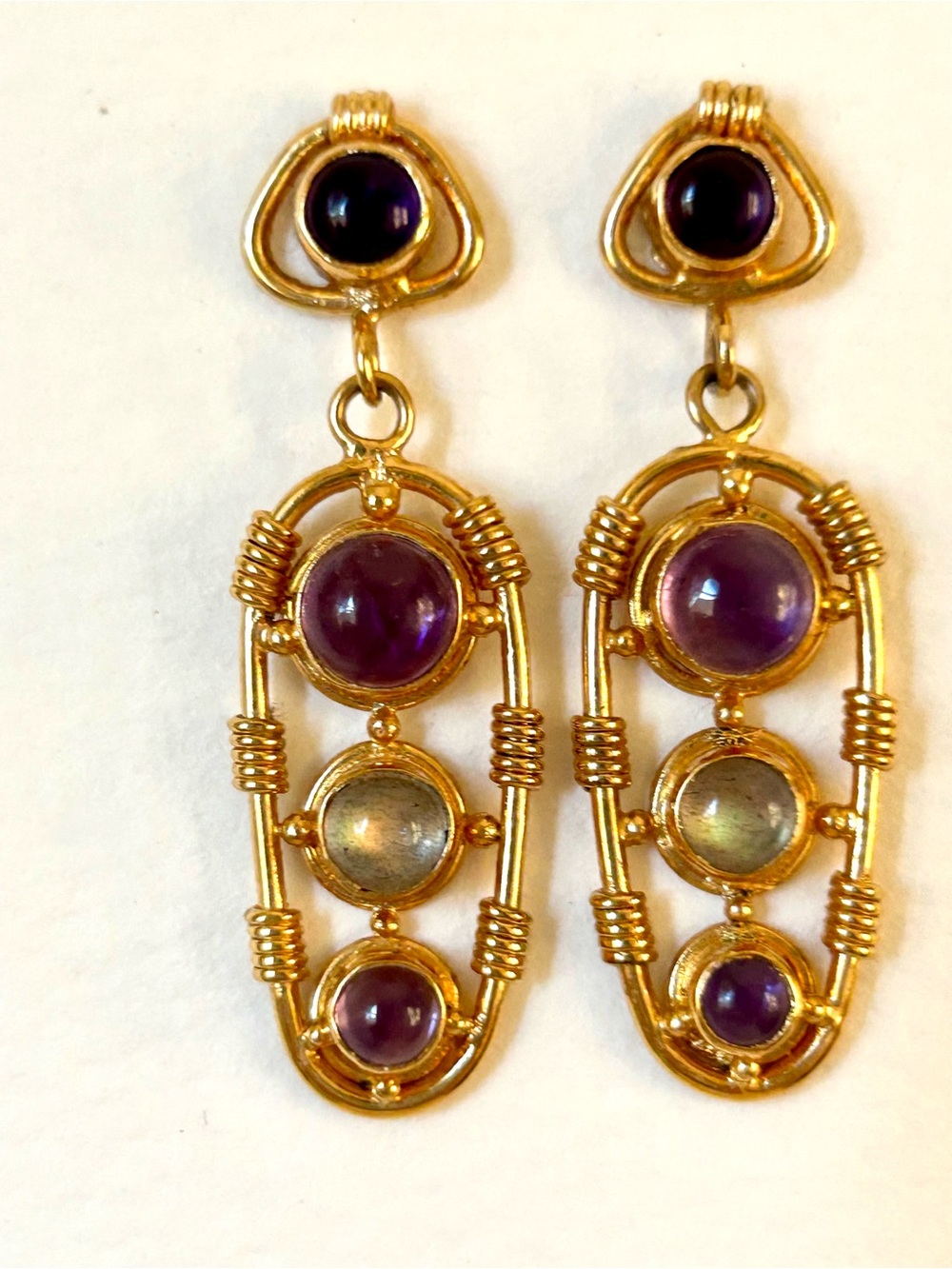 Barbara Garwood Gold Tone Cabochon Gem Stones Drop Earrings Collectable RARE